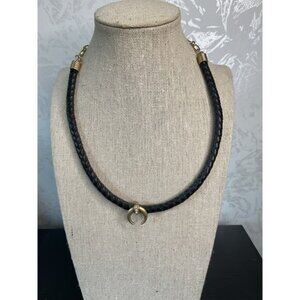 Black Braided Leather Necklace With Gold Crescent Pendant & Chain Closure